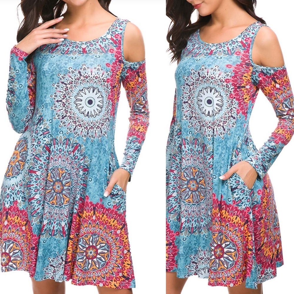 SWEETIE Cold Shoulder Blue boho  POCKET Dress *NWT
